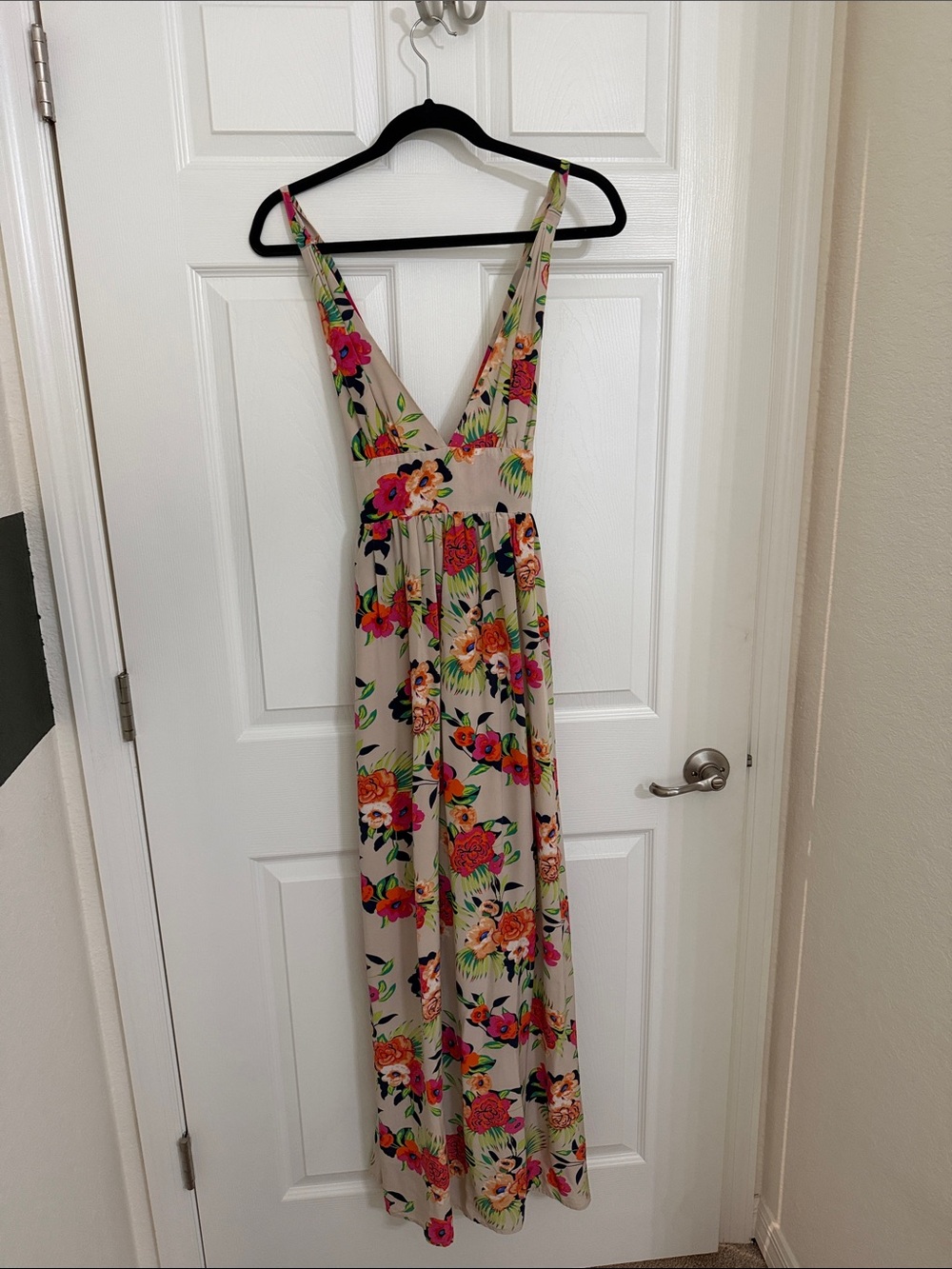 Yumi Kim Beige Floral V-Neck Maxi Dress with Pink and Orange Blooms